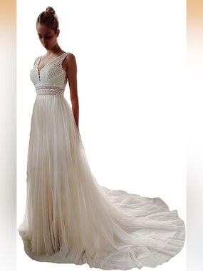 Wedding Dress For Bride Illusory Lace Bohemia V Neck Layers Tulle A Line S